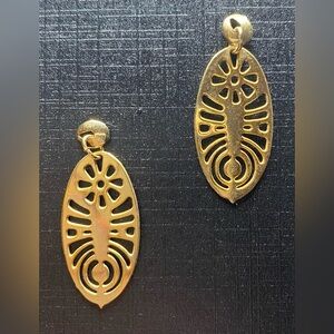 Gold tone Pierced Dangle Earrings Oval Cut Out Signed